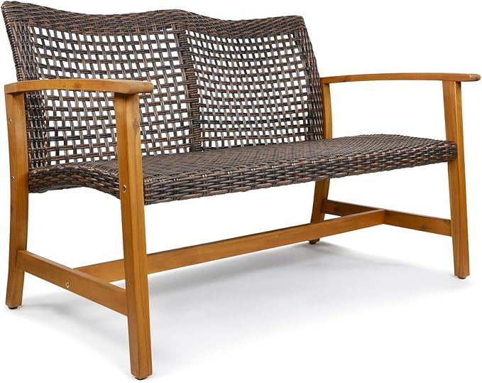Idzo Harmonie 800lbs Capacity Outdoor Loveseat Furniture, FSC Certified Acacia Patio Sofa with Upgraded 2000 Hours UV Resistant Wicker, Teak Finish Porch Couch