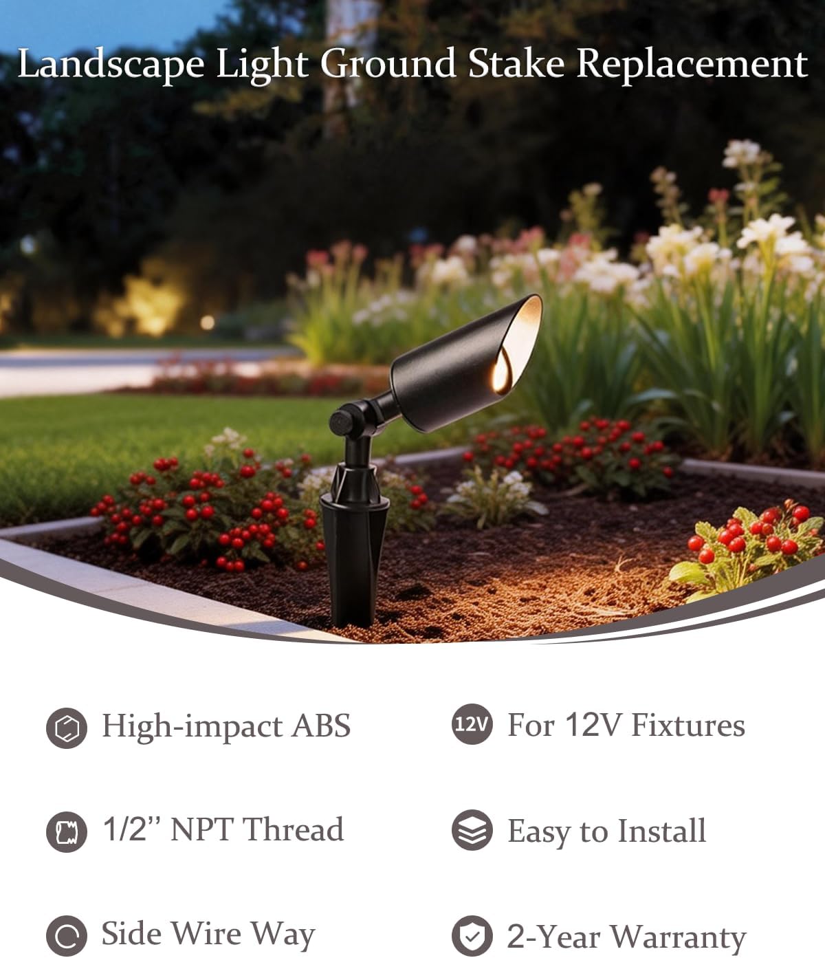 4 Pack Landscape Light Stakes, 1/2" NPT Thread ABS Ground Stakes, Outdoor Light Spikes with Side Wire Way, Garden Yard Replacement Stake for Low Voltage Spotlights Path Lights Flood Lights