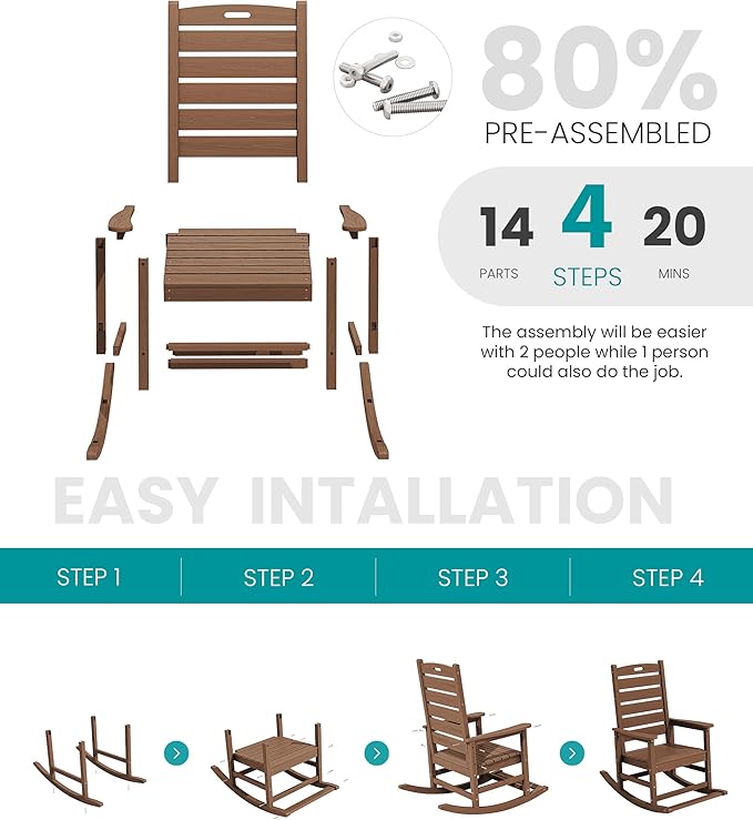 SERWALL Outdoor Rocking Chair Set of 2, Oversized Rocking Chair with Footboard for Adults, HDPE All Weather Resistant Rocking Chairs for Patio, 350lbs Weight Capacity, Brown