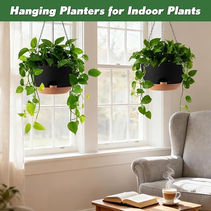 13-inch Oversized Hanging Planter Set of Two,Planters for Indoor and Outdoor Plants.Place Plant pots Across Diverse Settings Including windowsills,Living Room,and Gardens.Black-Brown