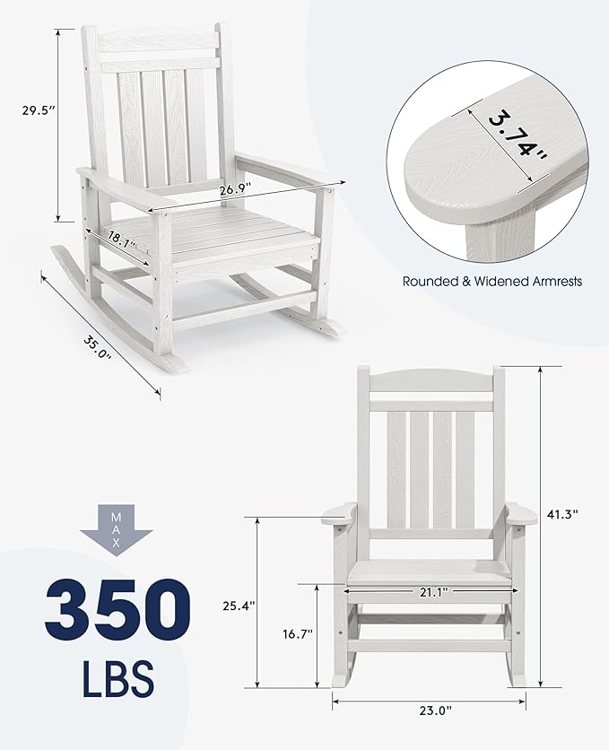 KINGYES Oversized Outdoor Rocking Chair Set of 4, High Density Polyethylene Patio Rocking Chairs with 330lbs Support for Adults, White