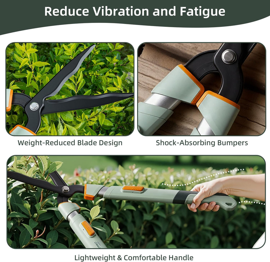PrunePro® Extendable Hedge Shears Lightweight Ultra Sharp Blade for Bushes | Not Top-Heavy Arthritis Friendly 27"-35" Adjustable Reach for Tall Hedges 10" Stainless Steel Teflon Blades for Clean Cuts