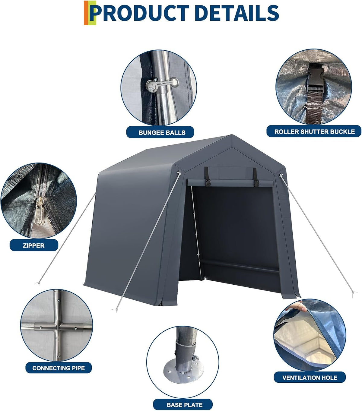garveelife portable outdoor storage shed with roll-up zipper, close-up detail