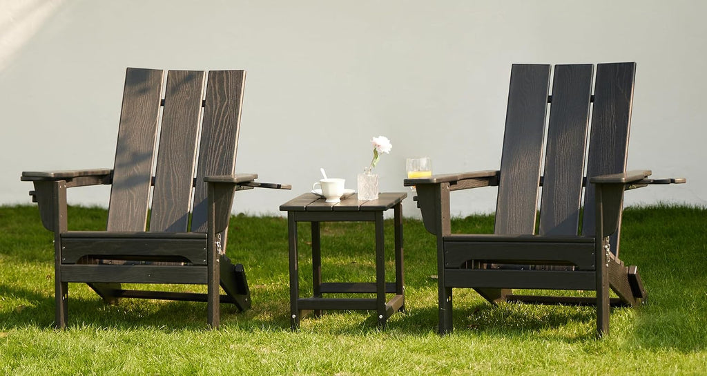 SERWALL Modern Folding Adirondack Chairs Set of 2, HDPE, Cup Holders, Black | Outdoor All-Weather Lawn Adirondack Chairs Wood Grain Lawn Chair Fire Pit Chairs for Patio, Deck