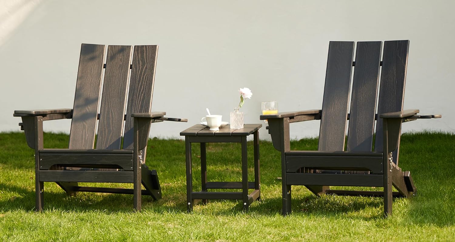 SERWALL Modern Folding Adirondack Chairs Set of 2, HDPE, Cup Holders, Black | Outdoor All-Weather Lawn Adirondack Chairs Wood Grain Lawn Chair Fire Pit Chairs for Patio, Deck