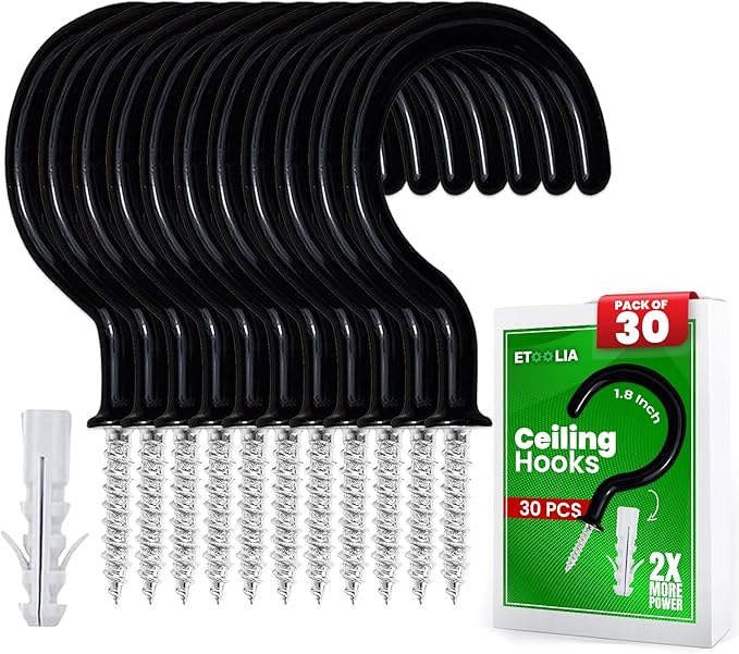 30 pcs Ceiling Hooks for Hanging Plants, Cups, Utensils and Lights - 1-1/4 inches Black Vinyl Coated Screw in Plant and Under Cabinet Cup Hooks for Wooden and Drywall with Anchors