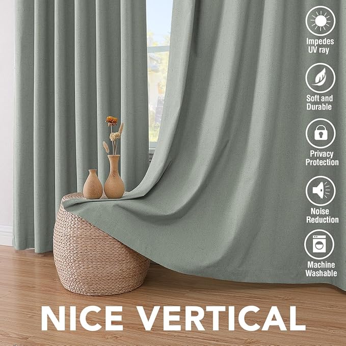 H.VERSAILTEX 100% Blackout Curtains for Bedroom Thermal Insulated Linen Textured Curtains Heat and Full Light Blocking Drapes Living Room Curtains 2 Panel Sets, Green Bay, 52x72 Inch