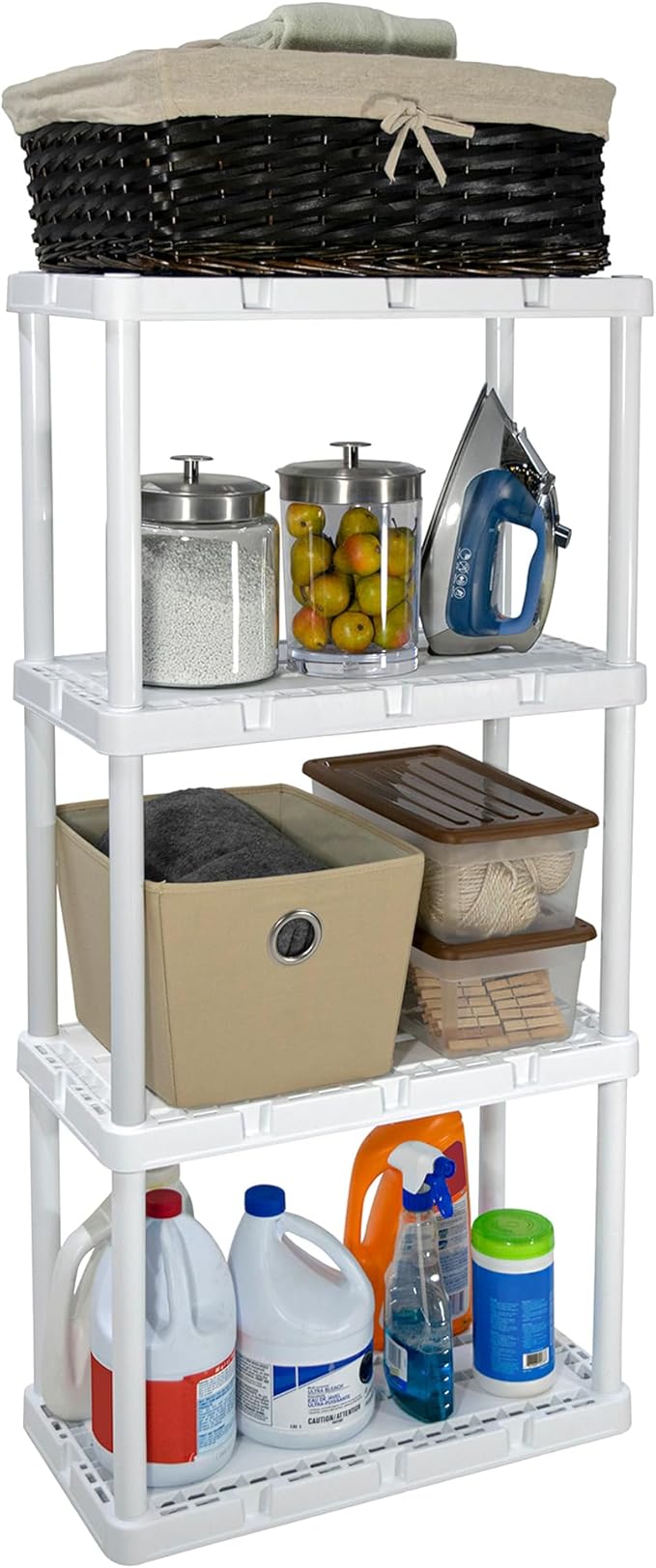 Gracious Living 2 Pack Light Duty Storage Shelves, Knect-A-Shelf 4-Shelf Ventilated Shelving Rack Organizer for Home, Garage, Basement & Laundry, White