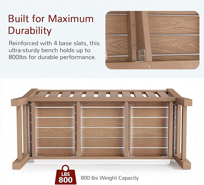 Stoog All-Weather Outdoor Bench, 2-Person Poly Lumber Garden Bench with 800lb Capacity, Never Fade & Rust-Proof, for Backyard, Patio, Deck, and Porch, Teak