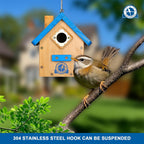 SISTERBIRD Birdhouses for Outdoors, Blue Hanging Wren House, Warming Gifts | Premium Wooden Bird Houses for Outside, Classic Cabin Design Wooden Bird House Red-Breasted Nuthatch Wren Chickadee