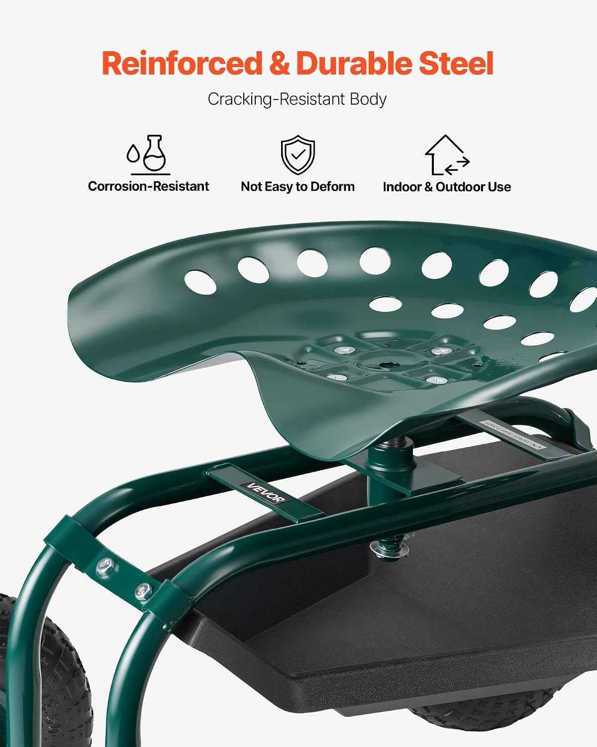 vevor rolling garden cart with swivel seat, heavy shown in use