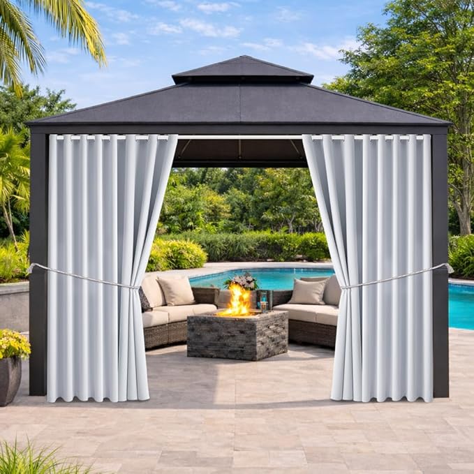 Water Proof Outside Curtains with Grommet Top for Porch, W105 x L120 Extra Wide Thermal Insulated Washable Light Block Outdoor Divider Drapes for Patio Gazebo Deck Pool Area Pergola Cabana