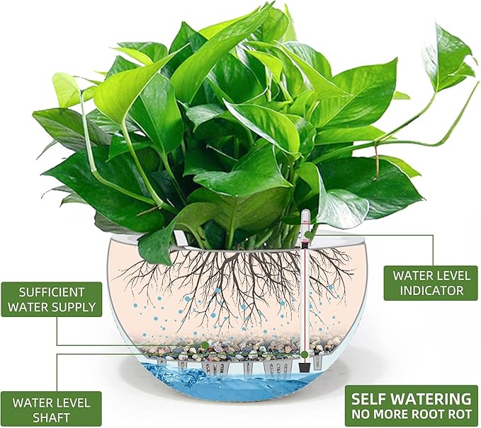 Dexceder 9 Inch Self Watering Hanging Planters Indoor Outdoor, Thickened Hanging Basket Flower Plant Pot with Water Level Indicator (White)