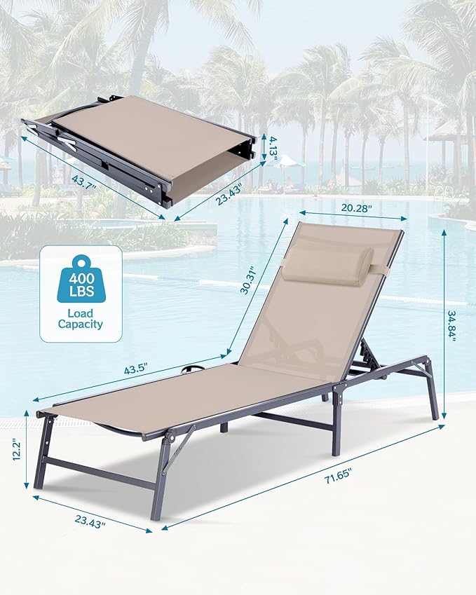 2 Pack Foldable Chaise Lounge Chair with Cup Holder, Assemble-Free Outdoor Lounge Chair with Detachable Pillow and 6 Adjustable Backrest, Patio Lounge Chair for Outside Poolside Beach Pool, Khaki