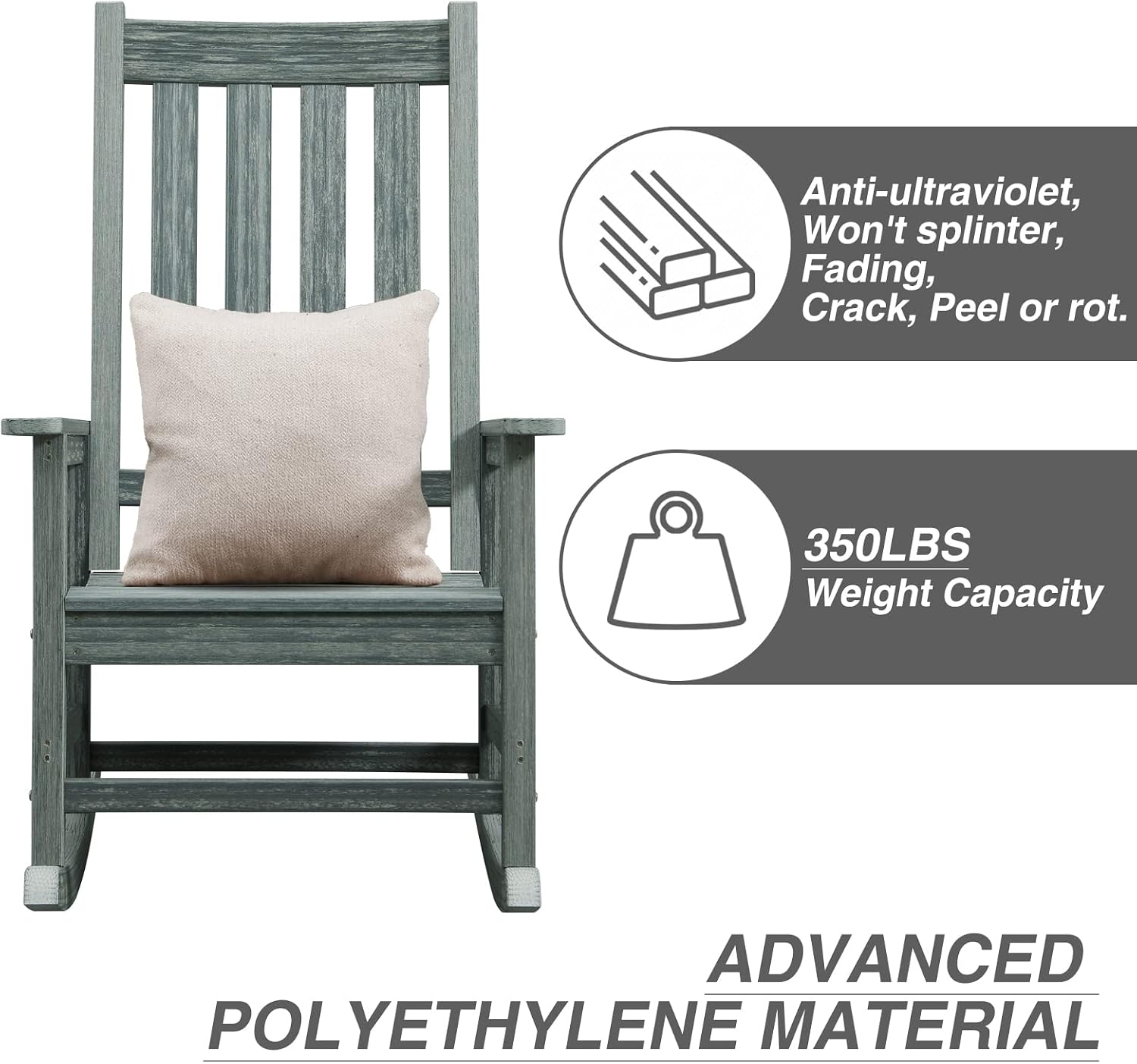Oversized Outdoor Rocking Chair, Porch Rocker with High Back, Grey | HDPE Patio Rocking Chairs, Weather Resistant & 350lbs Heavy Duty Porch Rocker with High Back for Backyard,Garden and Balcony