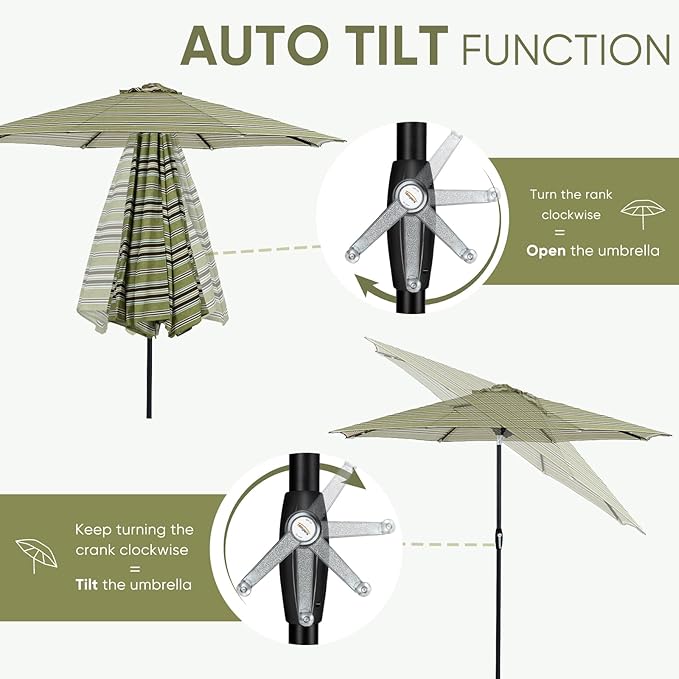 Tempera Patio Market Outdoor Table Umbrella with Auto Tilt and Crank, Large Sun Umbrella with Sturdy Pole & Fade Resistant Canopy, Easy to Set