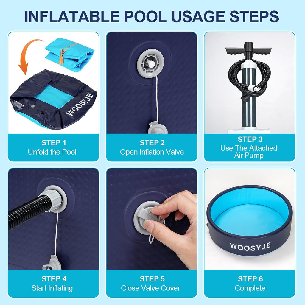 Inflatable Dog Pool, Foldable Pet Swimming Pool - 47.5" Pet Bath Pool & Kiddie Pool, PVC, Quick Drain, Non-Slip, Collapsible Swimming Pool for Large Medium Small Dogs, Cats, Kids, Backyard, Beach