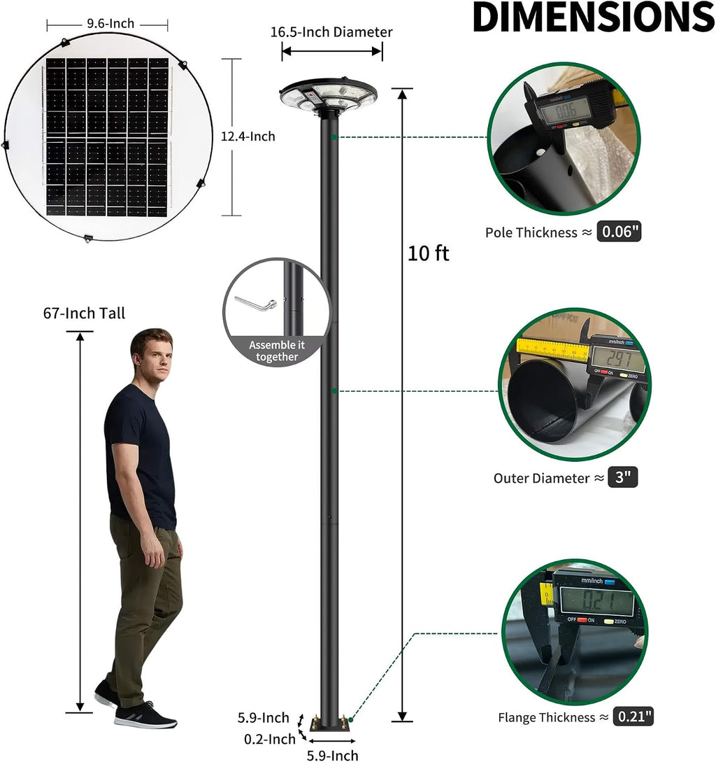 16.5" Outdoor Solar Lamp Post Light with 10ft Pole & 0.2" Thick Flange Base | 692 LED, IP65 Waterproof, Dusk to Dawn, DC Backup Charging & Remote, Motion Sensor for Security