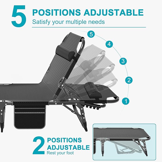 ABORON 2PK Heavy Duty Tanning Chair, 5-Gear Outdoor Folding Chaise Lounge Chair with Cushion, Portable Beach Lounge Chair for Outdoor Sunbathing, Patio, Pool, Lawn, Deck, Poolside