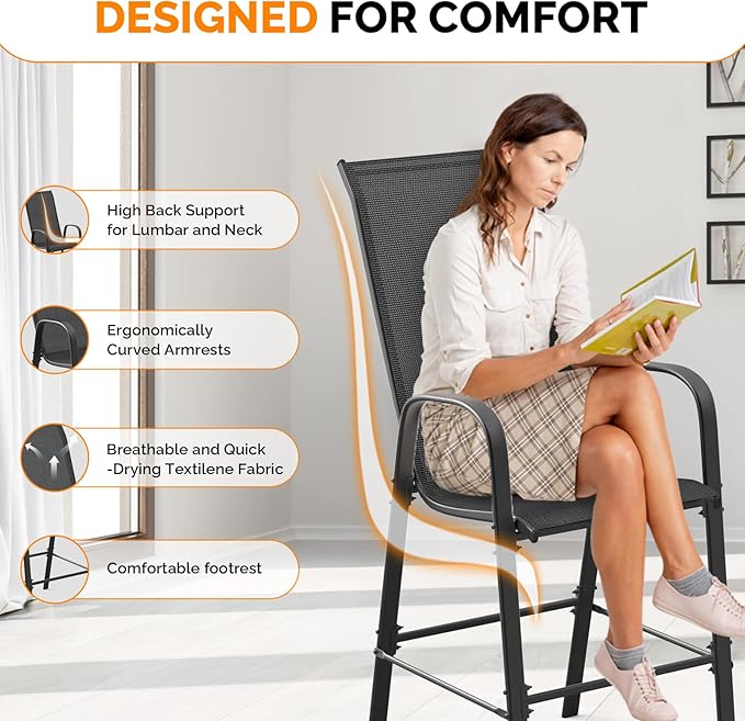 VINGLI Outdoor Bar Chairs Set of 8 – Stackable Outdoor Bar Stools with Sturdy Sling High Back and Armrests for Lawn, Courtyard, Garden, Bar, Black