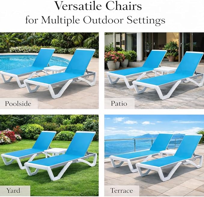 Kozyard Outdoor Chaise Lounge Chair, Full Flat Adjustable Patio Lounger with Aluminum Frame & Resin Legs, Textilene Fabric for Poolside, Backyard & Beach (Aqua/WhiteFrame, 2Chairs + Table)