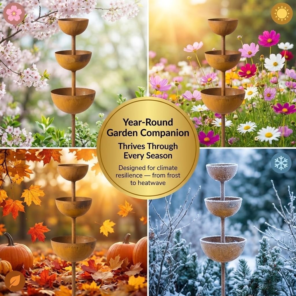 Rain Catcher Garden Stake with Water Bowls, 3-Tiered Metal Bird Bath & Bee Watering Station, Decorative Plant Support for Outdoor Patio Yard Lawn & Garden Art