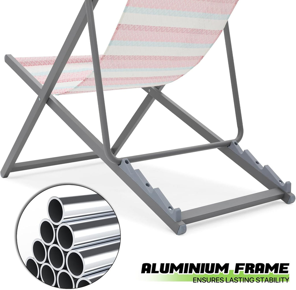 Magshion Folding Beach Sling Chairs Set of 2, 4 Level Adjustable Reclining Design, Lightweight Aluminum Frame, Portable Outdoor Chair for Backyard, Poolside and Camping, Support to 250 lbs, Stripes