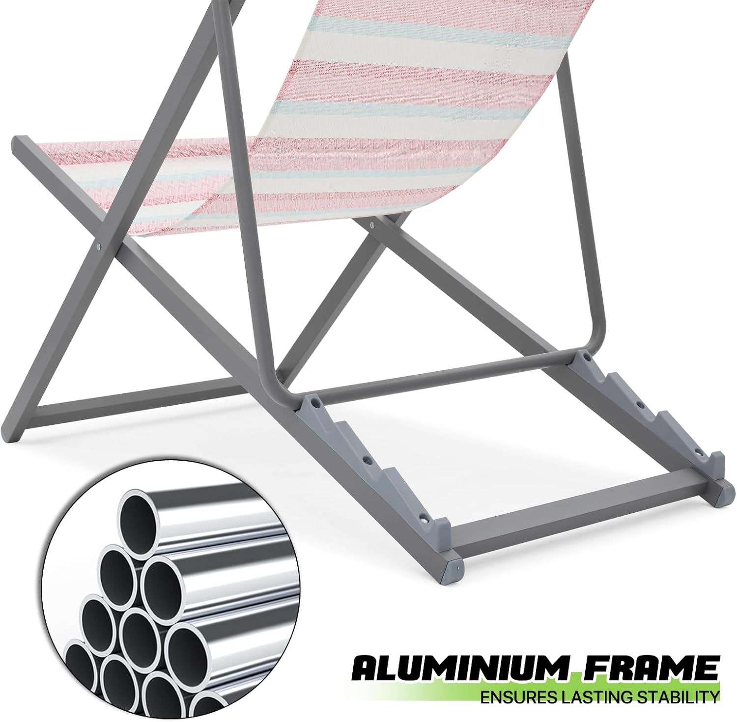 Magshion Folding Beach Sling Chairs Set of 2, 4 Level Adjustable Reclining Design, Lightweight Aluminum Frame, Portable Outdoor Chair for Backyard, Poolside and Camping, Support to 250 lbs, Stripes