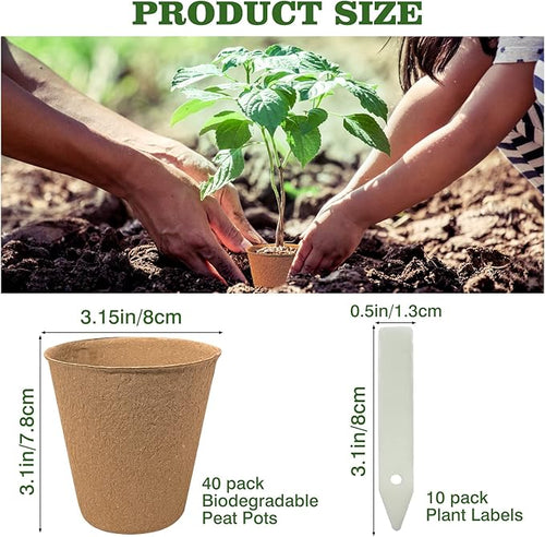 40Pcs 3.15 Inch Peat Pots, Biodegradable Eco-Friendly Round Plant Seedling Starters Kit, Seed Germination Trays with 10 Labels for Flower Vegetable Tomato Saplings & Herb Germination, Khaki