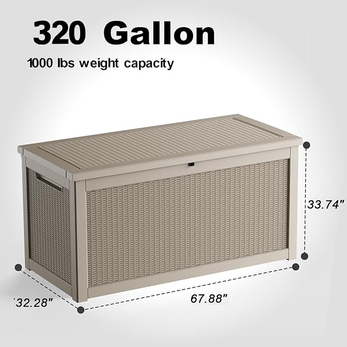 320 Gallon Outdoor Storage Box,Large Waterproof UV Resistant Deck Box,Lockable Storage Container for Patio Furniture Cushions Garden Tools and Pool Accessories(Gray)