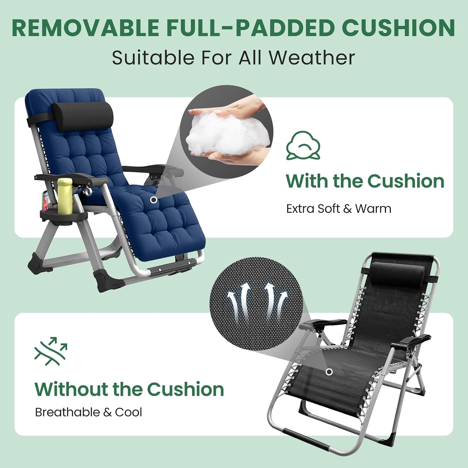 Oversized Zero Gravity Chair with Storage Bag,29" XL Lounge Chair with Thickened Cushion & Headrest, Patio Lawn Chair with Footrest & Cup Holder for Indoor & Outdoor, Supports 450LBS, Blue