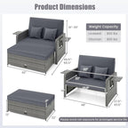 Tangkula Patio Rattan Daybed with 4-Level Adjustable Backrest, Outdoor PE Wicker Loveseat with Storage Ottoman & Folding Side Table, Double Sunbed for Balcony, Backyard & Poolside, Grey