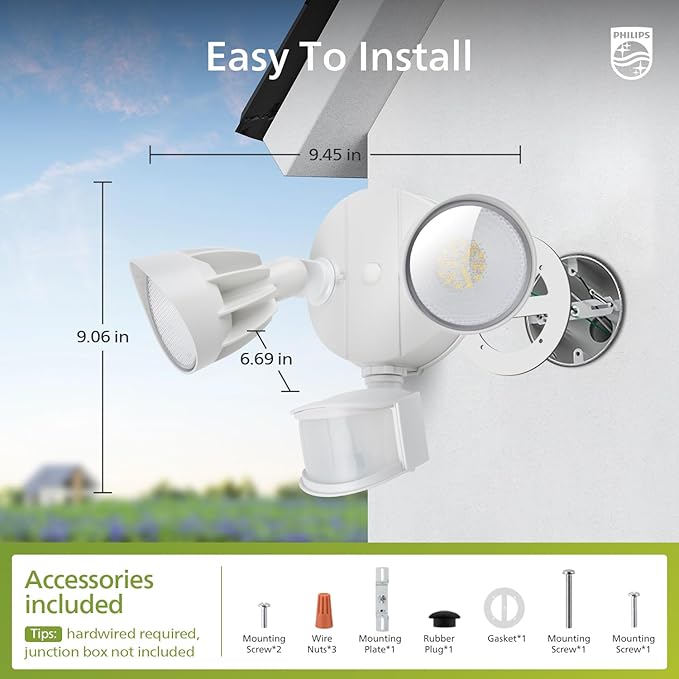 Philips 44W 4200 lm LED Security Light Outdoor w/PIR Motion Sensor, 5000K Daylight Flood Light, Waterproof, Dusk to Dawn, 2 Heads, 4 Modes