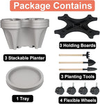 GameXcel Vertical Planter 3 Tier Stackable Planters Garden Planters Strawberry Herb Flower and Vegetable Planter Indoor Outdoor Gardening Pots with Removable Wheels and Tools 2-Pack