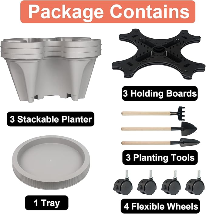 GameXcel Vertical Planter 3 Tier Stackable Planters Garden Planters Strawberry Herb Flower and Vegetable Planter Indoor Outdoor Gardening Pots with Removable Wheels and Tools 2-Pack