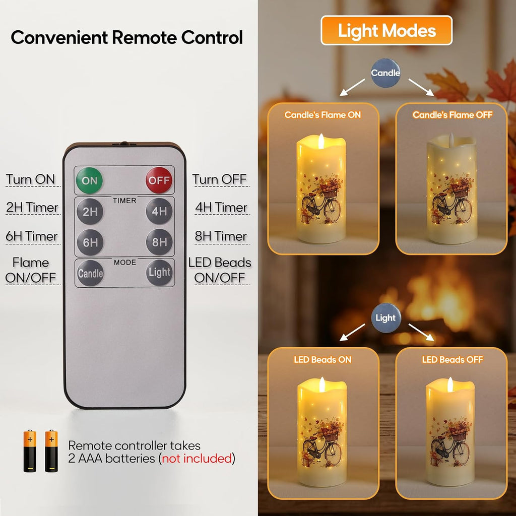 Fall Fiber Optic Flameless Pillar Candles with Remote Set of 3 | Pumpkin Maple Leaf LED Candles Flickering, 3 AA Battery Operated, Harvest Autumn Home Table Shelf Decor