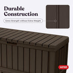 Keter Kentwood 92 Gallon Resin Deck Box-Organization and Storage for Patio Furniture Outdoor Cushions, Throw Pillows, Garden Tools and Pool Floats, Brown