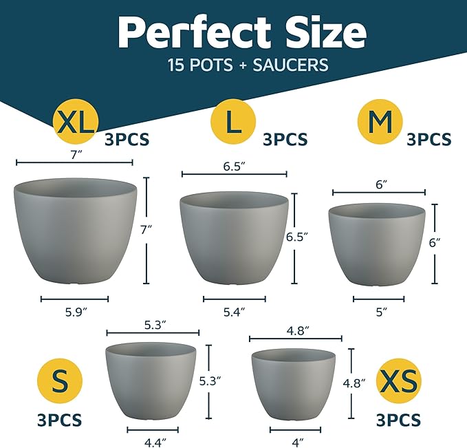 Gray Plant Pots with Drainage Holes & Saucers 15 Pack, Indoor & Outdoor Stackable Space-Saving Planters for Houseplants & Flowers, (7", 6.7", 6", 5.3", and 4.8" Inches), Durable & Weatherproof
