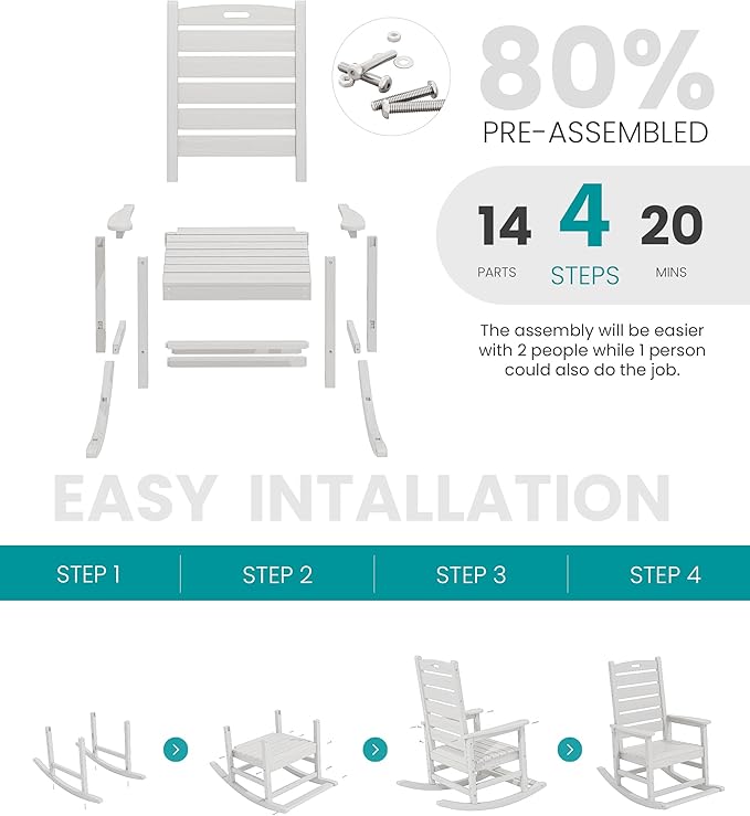 SERWALL HDPE Outdoor Rocking Chair, Oversized Rocking Chair with Footboard, High Back Porch Rocker Chair with 350lbs Support, White