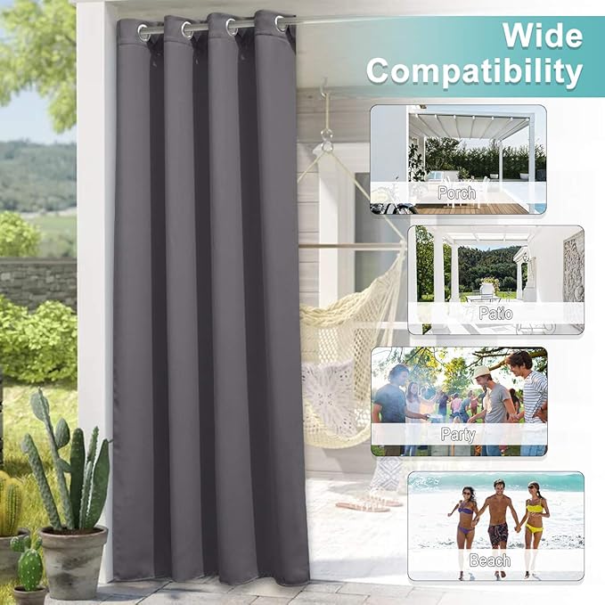 NICETOWN 2 Panels Outdoor Curtains for Patio Waterproof Extra Long, Rust-Proof Grommet Blackout Thermal Insulated Privacy Heat Blocking Outdoor Drapes for Cabana/Porch/Gazebo, Grey, W84 x L108