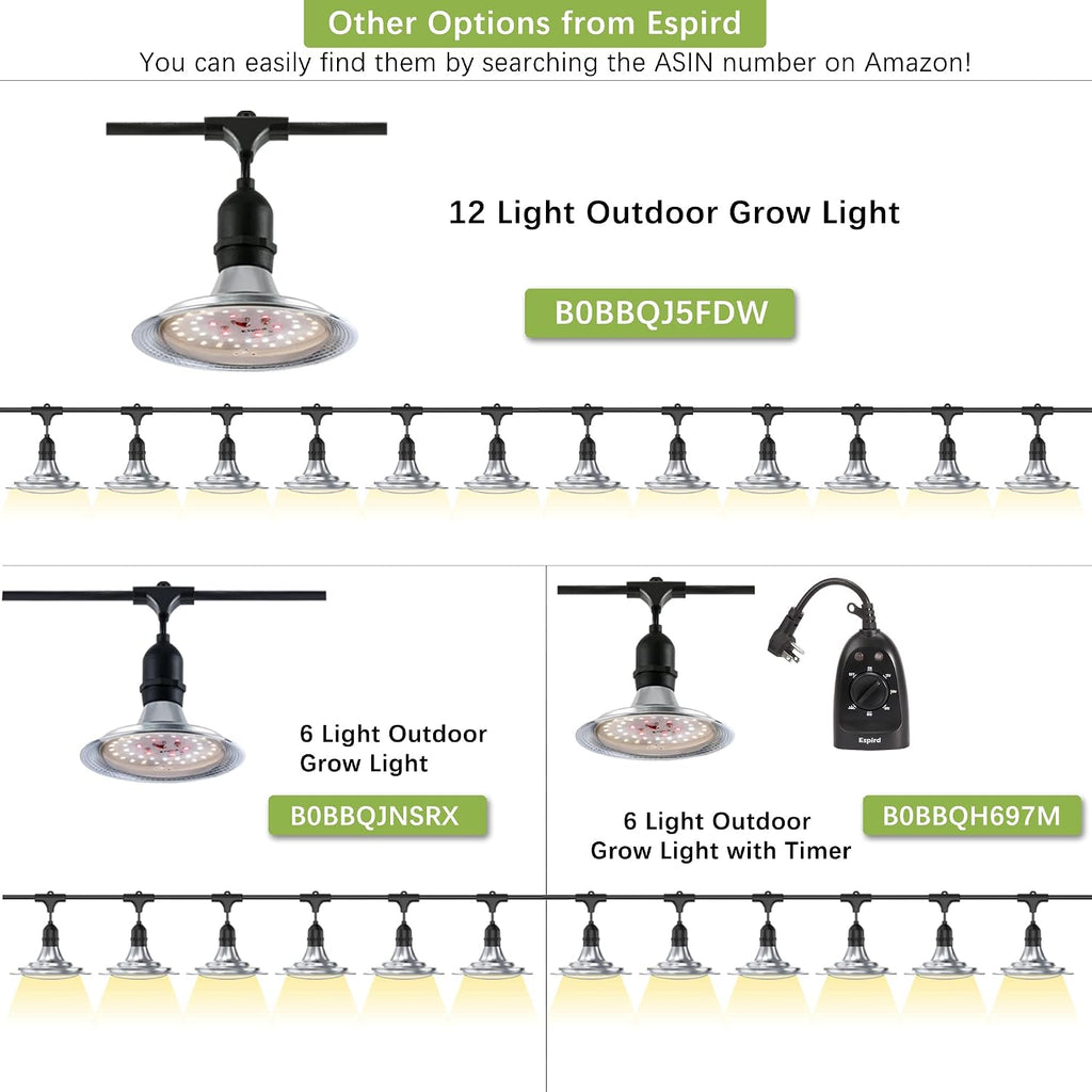 Outdoor LED Grow Light with Timer, 12-Light Full Spectrum Grow Light Strip, Waterproof Plant Lamps, UL Certified String Grow Lights for Greenhouse Garden, 41FT Light for Veg Seedling Flower