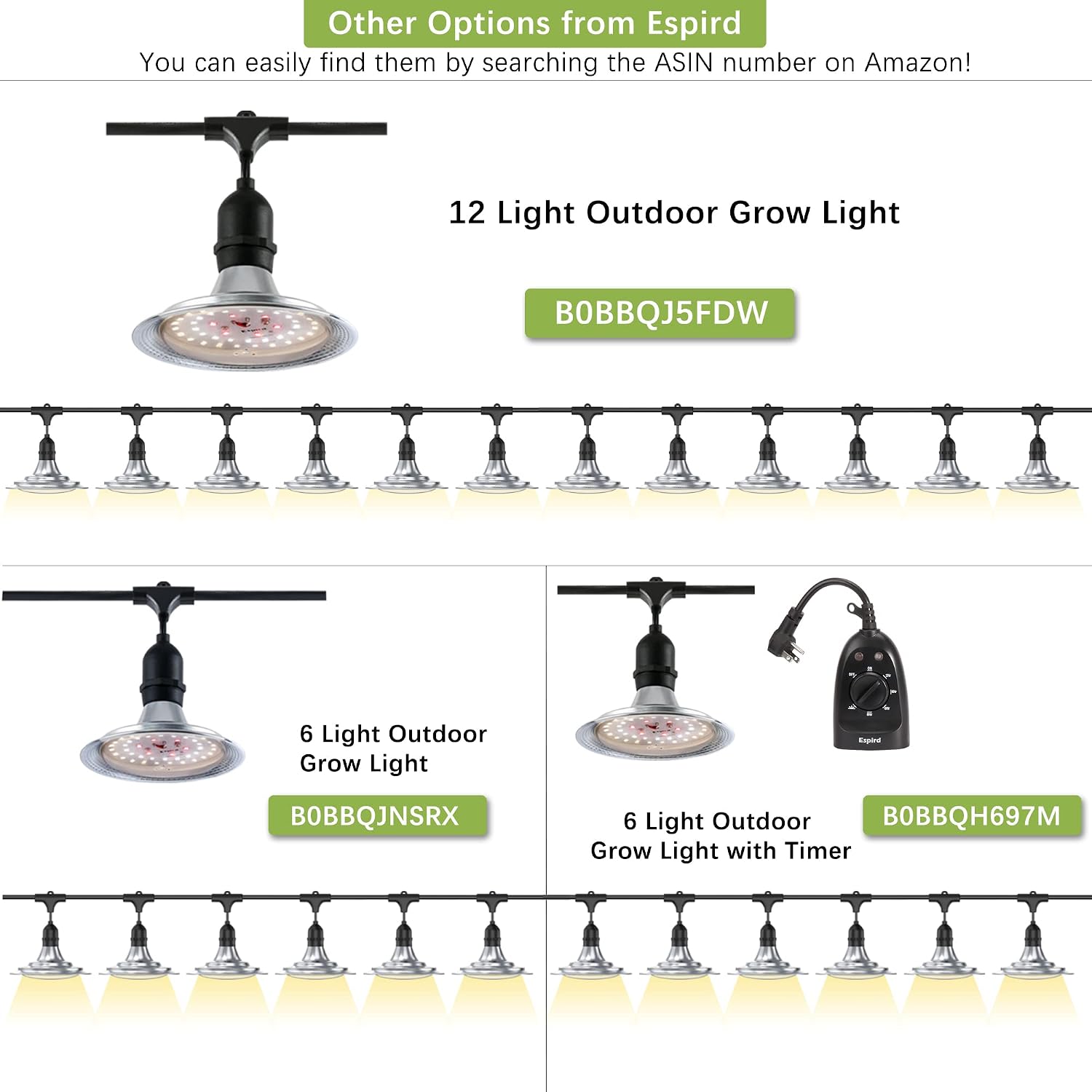 Outdoor LED Grow Light with Timer, 12-Light Full Spectrum Grow Light Strip, Waterproof Plant Lamps, UL Certified String Grow Lights for Greenhouse Garden, 41FT Light for Veg Seedling Flower