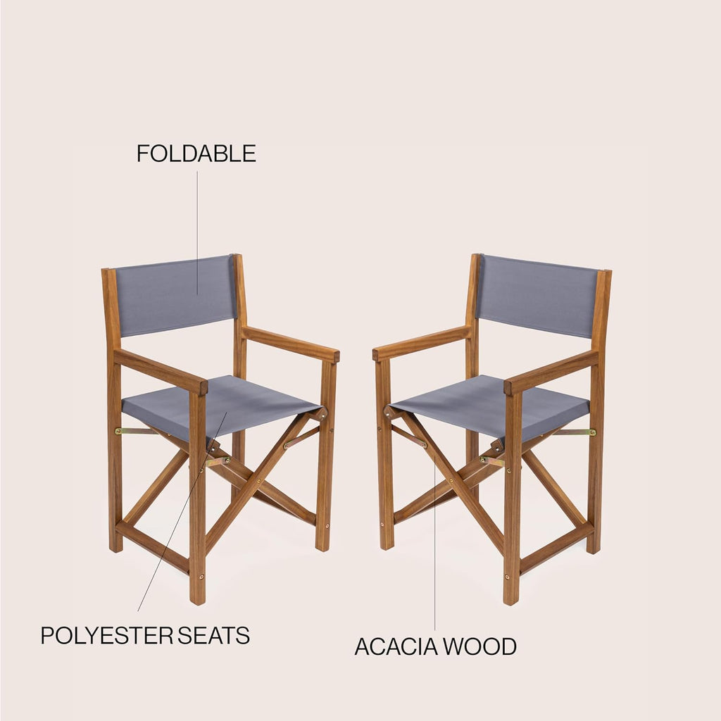 JONATHAN Y Cukor Acacia Wood Folding Director Chair Set of 2, Gray | Outdoor, Weight Capacity 260 Lbs, Teak Brown Finish, Weather-Resistant Textile, For Patio, Deck And Balcony