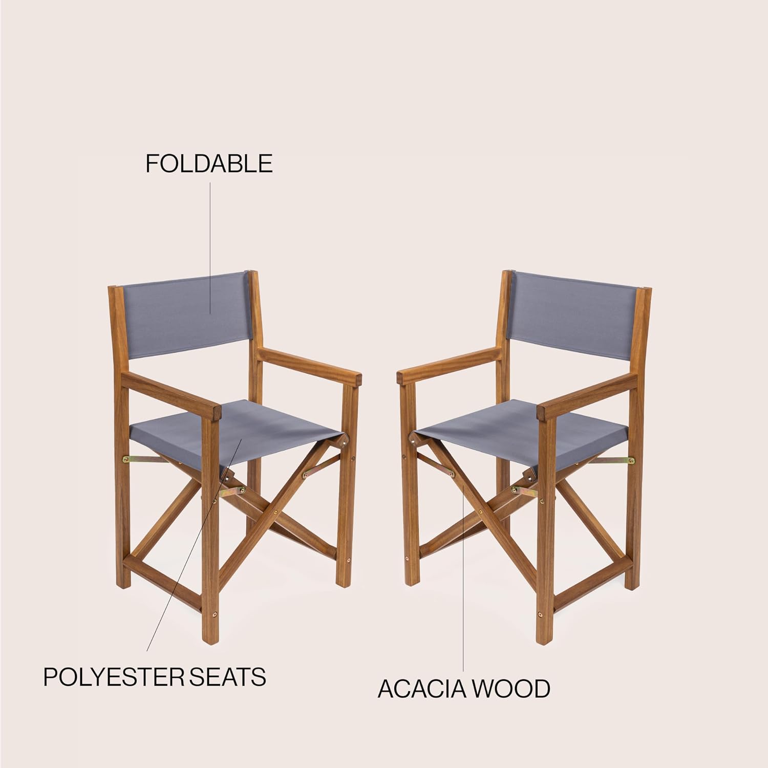 JONATHAN Y Cukor Acacia Wood Folding Director Chair Set of 2, Gray | Outdoor, Weight Capacity 260 Lbs, Teak Brown Finish, Weather-Resistant Textile, For Patio, Deck And Balcony