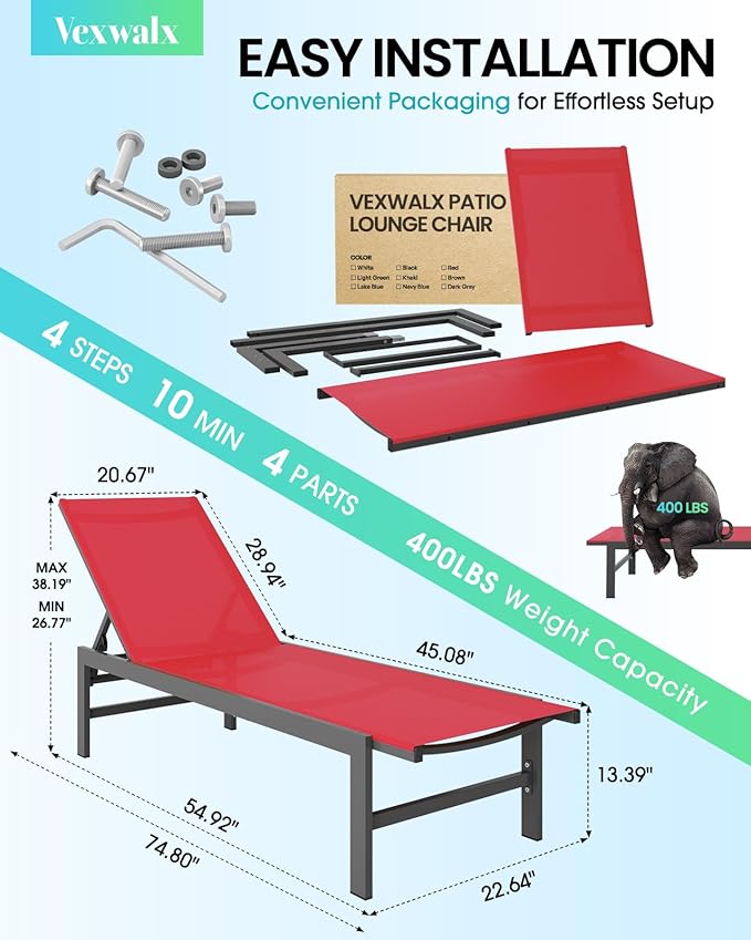 Outdoor Lounge Chair for Pool, Aluminum Chaise Lounge Chairs with 5-Position Recliner, Patio Lounge Chair for Backyard, Poolside, Deck, Lawn (Red)