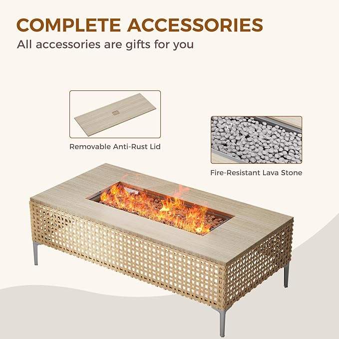 Grand patio 12-Piece Patio Furniture Set with 47" Fire Pit Table, Outdoor Conversation Set & 50,000 BTU 47 Inch Rectangle Propane Fire Pit & Storage Box with Water Resistant Thick Cushions, Cream