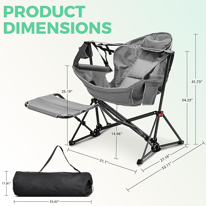 Ainfox Hammock Camping Chair with Footrest, Foldable Portable Rocking Chairs for Adults Outside Swinging Camp with Cup Holder Pillow for Outdoor Patio Poolside (Light Grey)