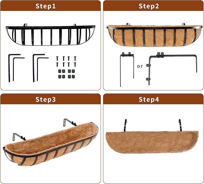 30 Inch Window Deck with Coco Liner, 30" Window Boxes Horse Trough with Coconut Coir Liner, Fence Metal Hanging Flower Planter Window Basket Deck Railing Planter Boxes for Outdoor Garden Lawn, 2pcs