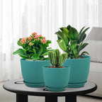 Flower Pots 10/9/8 inch, Set of 3 Modern Decorative Plastic Planters with Drainage Holes and Tray for House Plants Indoor Flowers Plants, Plant Pots for Indoor Outdoor Plants, Blue Green