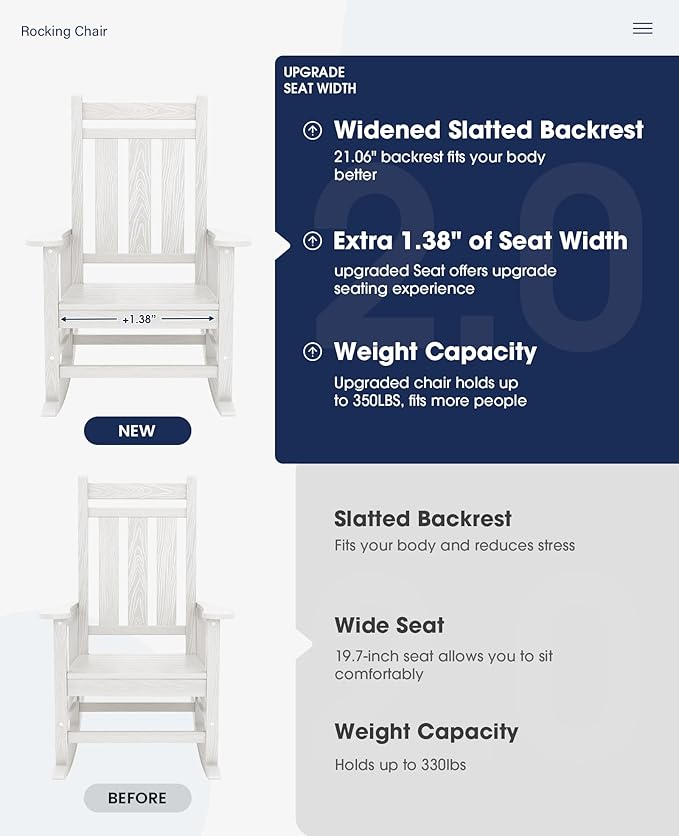 KINGYES Oversized Outdoor Rocking Chair Set of 8, All-Weather Patio Rocking Chairs for Porch, HDPE Outdoor Patio Rockers with High Back & Wide Seat for Garden, Lawn, White